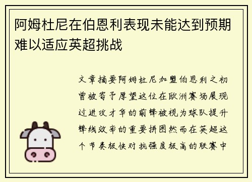 阿姆杜尼在伯恩利表现未能达到预期难以适应英超挑战 阿姆杜尼在伯恩利表现未能达到预期难以适应英超挑战