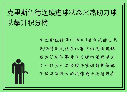 克里斯伍德连续进球状态火热助力球队攀升积分榜
